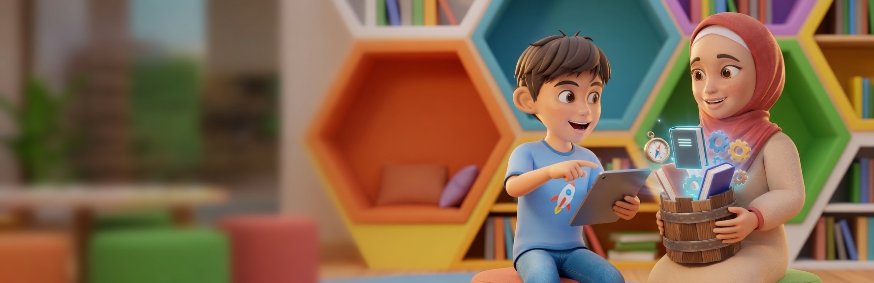 Maryam and Zayn in a colourful classroom